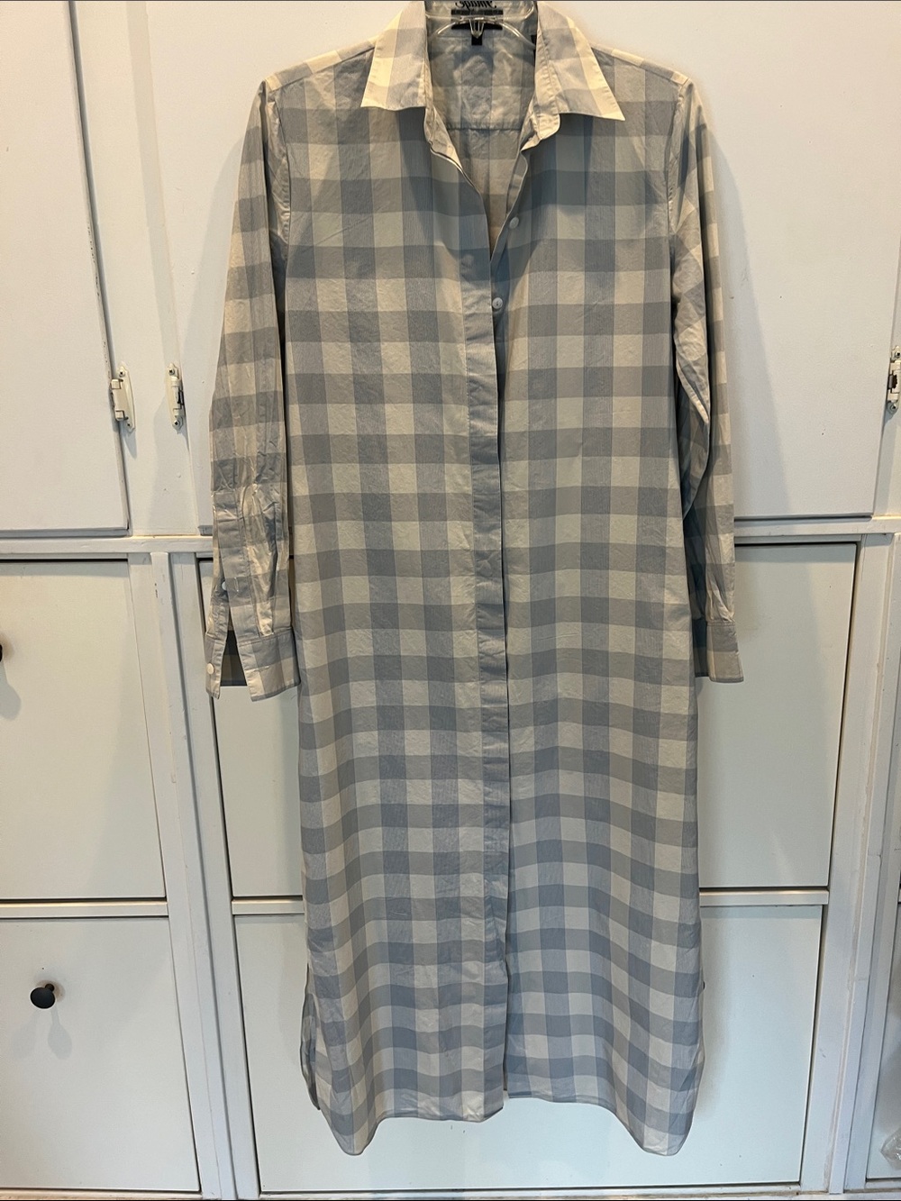 Theory Buffalo Check Shirt Dress in Light Gray and Cream